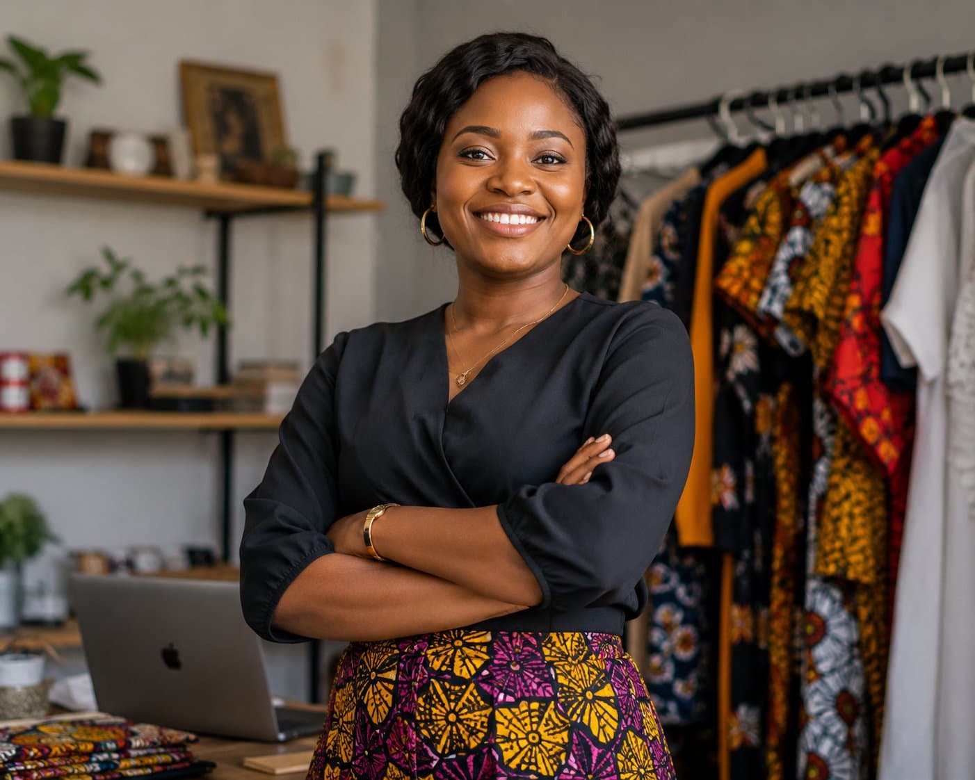 Confident Nigerian business owner in her fashion store