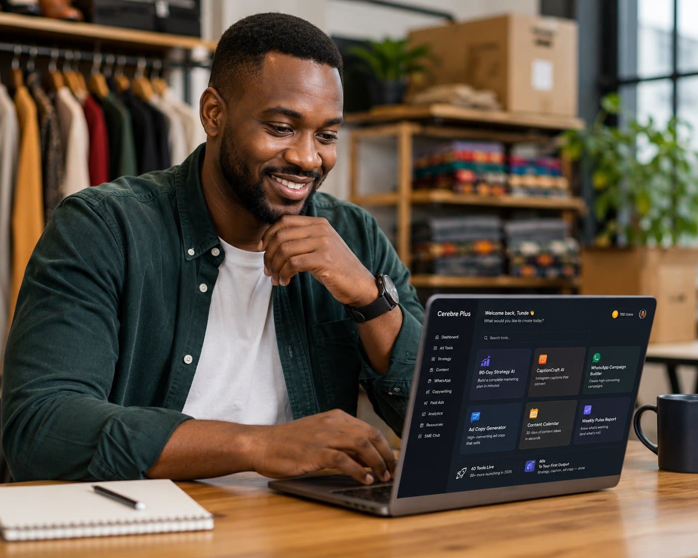 Nigerian business owner using Cerebre Plus on a laptop